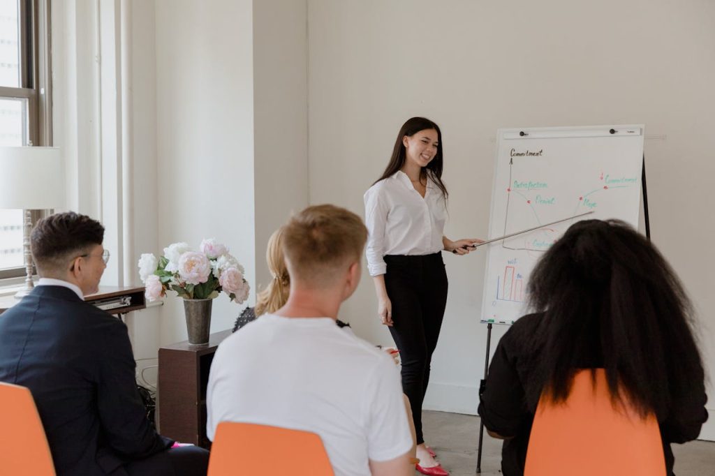 Business professionals in a meeting with a woman presenting at the whiteboard.